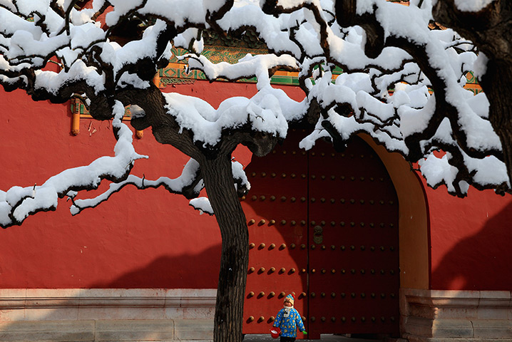 24 hours: Beijing, China: A boy plays in the snow at the Imperial Ancestral Temple