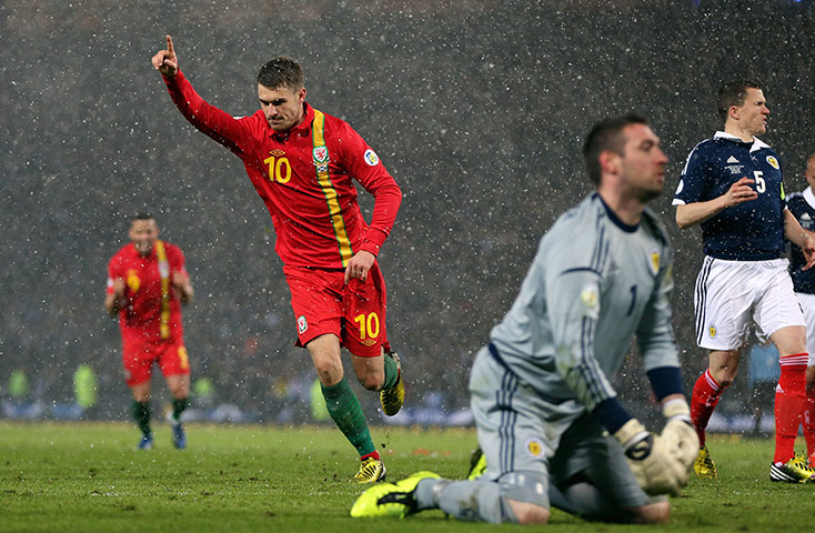 other world cup games: Aaron Ramsey of Wales celebrates 