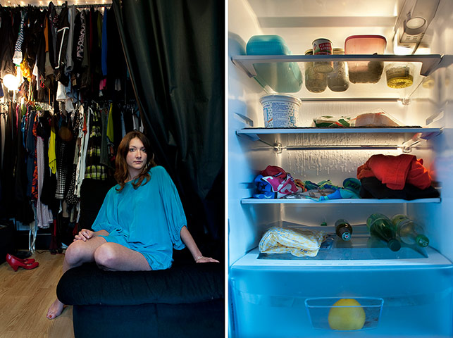 Big Picture - Fridges: young girl dressed in blue top with pic of fridge next to her