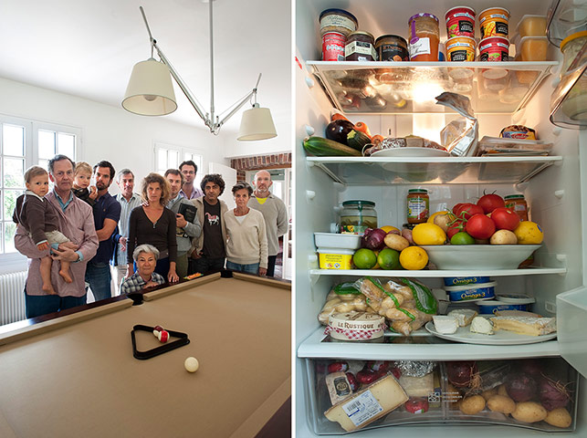 Big Picture - Fridges: group of people stand in front of snooker table next to pic of open fridge 