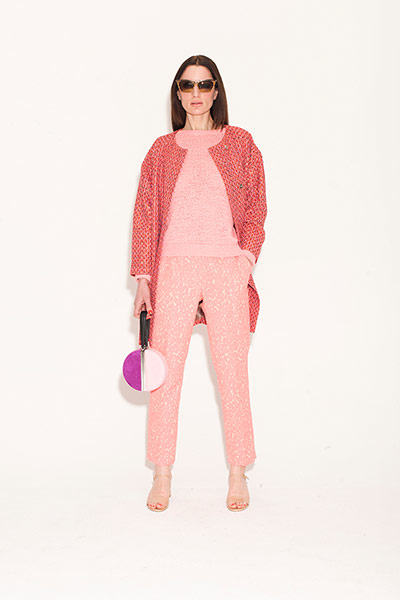 All Ages : pink trousers tweed coat pink white bag