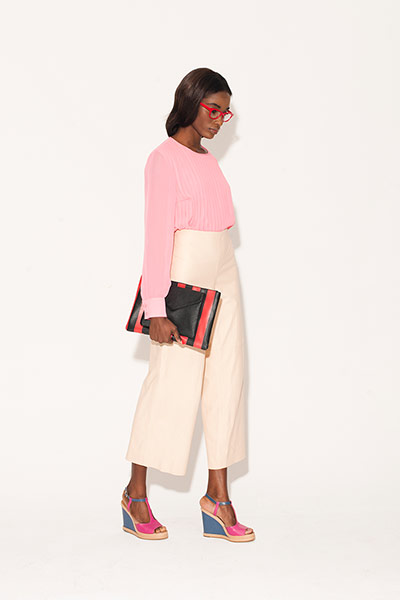 All Ages : pink blouse cream leather culottes wedge shoes