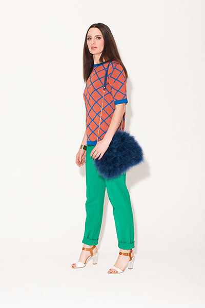 All Ages: red blue top green trousers sandals