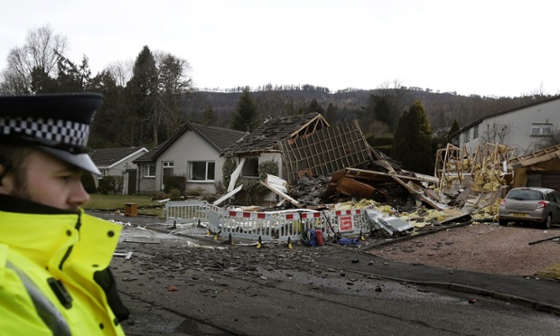 The scene following an explosion on Murdiston Avenue in Callander, near Stirling. Two pensioners have been taken to hospital following the blast  which totally demolished a house.