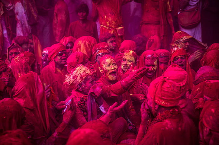 Holi festival: Hindu devotees in the village of Barsana, near Mathura