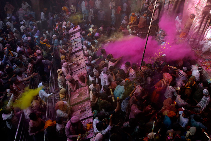 Holi festival: Hindu devotees throw coloured powder  at the Bankey Bihari temple