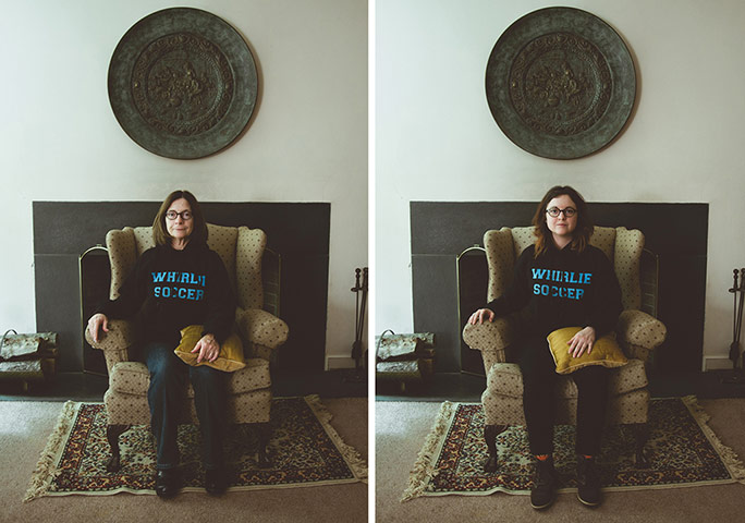 Big Pic - Mother Daughter: girl and her mother both sitting on armchair holding yellow cushion