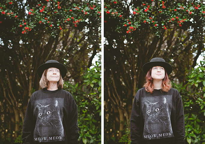 Big Pic - Mother Daughter: girl and mother both wearing same hat and sweatshirt