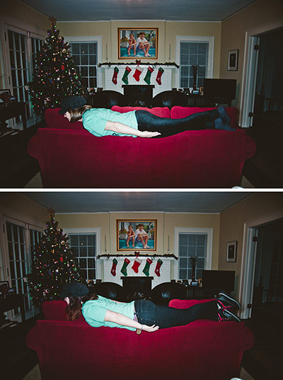 Big Pic - Mother Daughter: girl and mother lying on red sofa