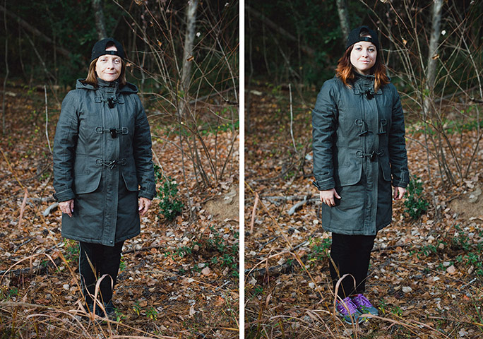 Big Pic - Mother Daughter: mother and daughter both wearing green coat standing in woods