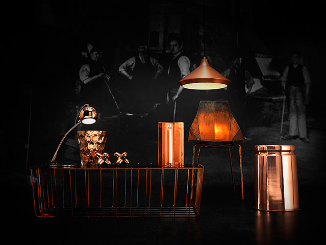 homes - metals: copper lamps and products against dark background