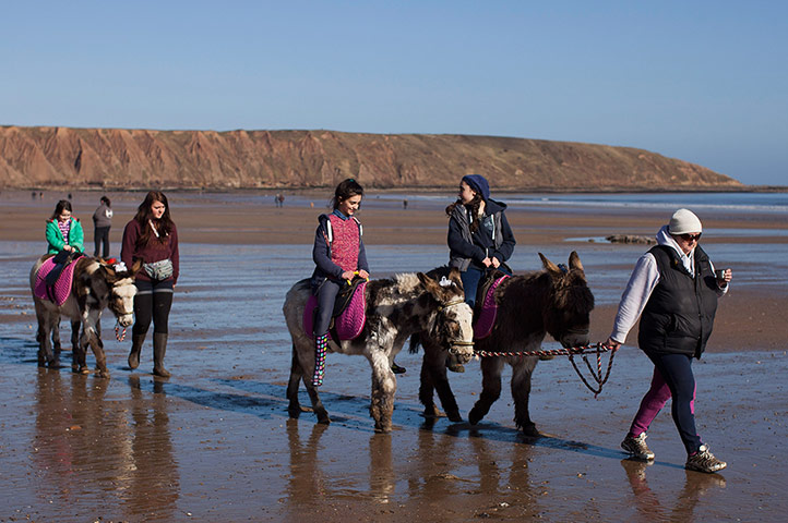 Spring :  Tourists enjoy Donkey rides on Filey Beach