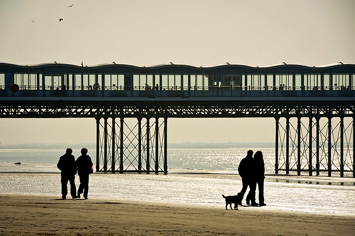 Spring weather UK: Dog walkers out on the beach in the sunshine at Weston-super-Mare, Somerset