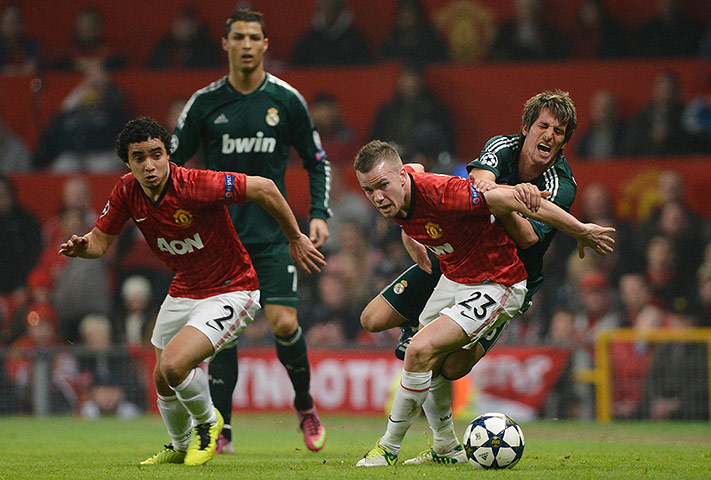 Man Utd v Real Madrid: Cleverly blocks off Coentrao