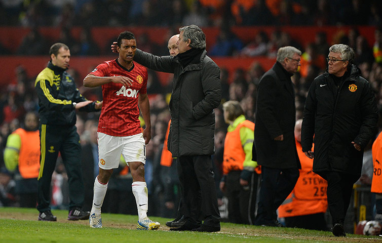 Man Utd v Real Madrid: Nani gets a pat on the head from Jose Mourinho