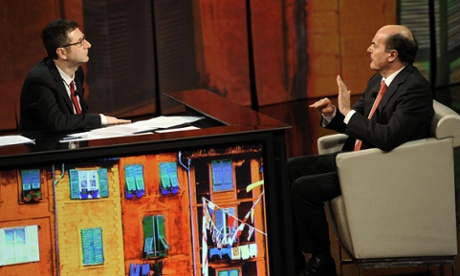 Secretary of Italian Democratic  Pier Luigi Bersani (R), during the Rai television program 'Che tempo che fa' conducted by Fabio Fazio (L) in Milan, Italy, 03 March 2013.