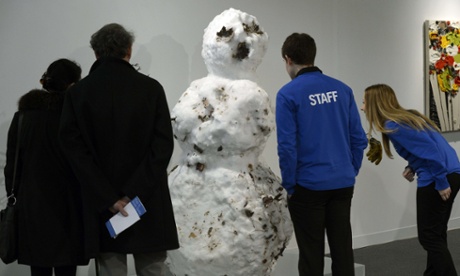 Snowman with Yellow Glove,by Tony Tasset, at the press preview of the Armory Show.