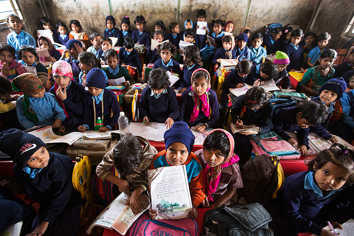 India education gallery: Overcrowded classes at Madanpur Khadar primary school