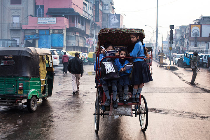 India education gallery: Schoolgirls on way to school in the morning