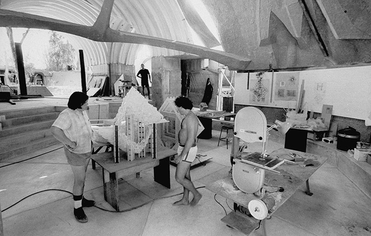 Paolo Soleri: Paolo Soleri's underground workshop at Cosanti, 1969