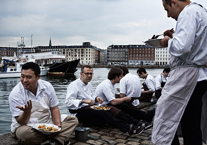 Cook it raw: The chefs enjoy an informal canalside lunch