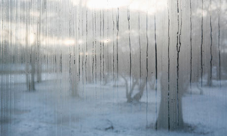 A misty window pane with trees outside