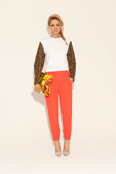 All Ages : red trousers clutch bag white leopard print sweater
