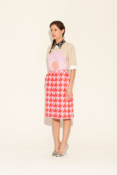 All Ages : pink beige sweater red pink patterned skirt