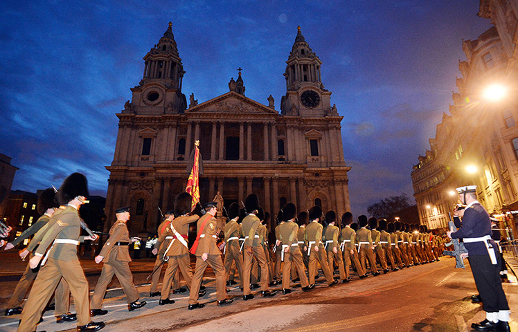 Rehearsal: A section of Welsh Guards on the approach to St Paul's Cathedral 