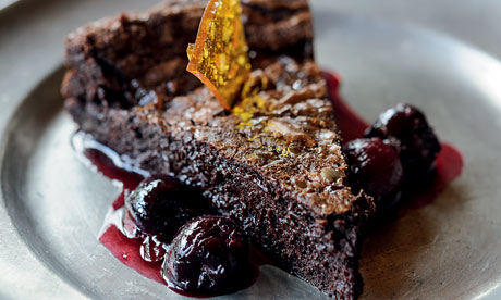 Chocolate and salt caramel brownies with cherry and elderflower sauce