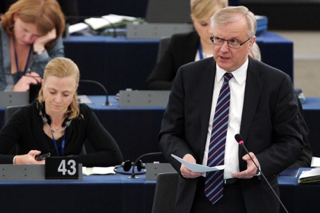 European Union Commissioner for Economic and Monetary Affairs Olli Rehn adresses the assembly during a debate on the situation in Cyprus, on April 17, 2013, at the European Parliament in Strasbourg, eastern France.