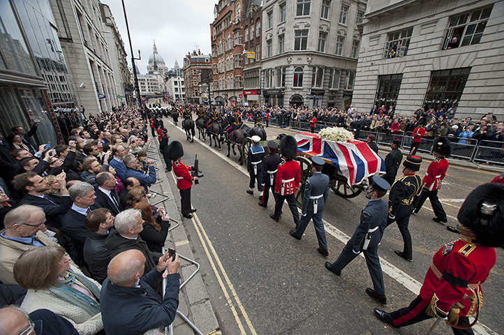 Churchill comparison: The coffin containing the body of Lady Thatcher on Fleet Street