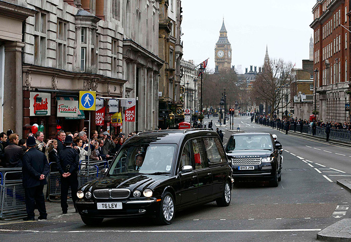 Churchill comparison: The hearse carrying the coffin of Margaret Thatcher travels along Whitehall