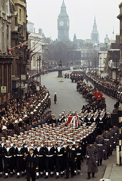 Churchill comparison: Big Ben looms on the skyline as Churchill's funeral passes along Whitehall