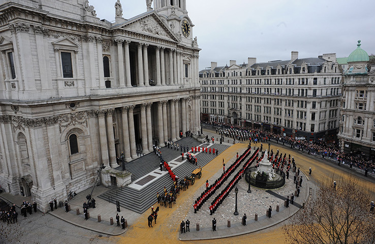 Churchill comparison: The coffin of Margaret Thatcher arrives at St Paul's Cathedral