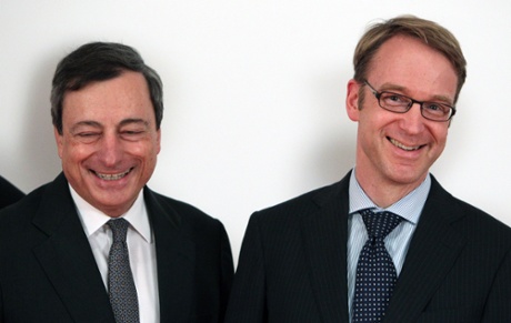 Mario Draghi, President of the European Central Bank, ECB (L), and Jens Weidmann, President of the Bundesbank are pictured during the awarding ceremony of the Generation Euro Student's Award in Frankfurt/Main, Germany, on April 17, 2013.