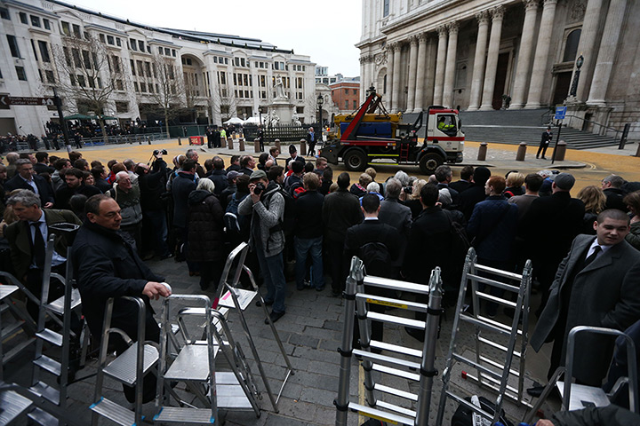 Churchill comparison: Photographers' ladders in place prior Lady Thatcher's funeral