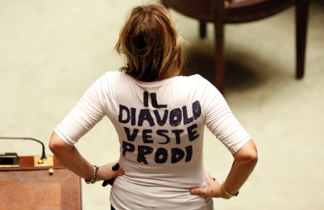 Alessandra Mussolini wears a t-shirt to protest during the second day of the presidential election in the lower house of the parliament in Rome April 19, 2013.