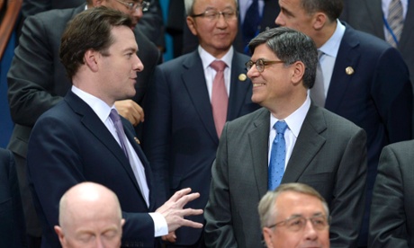 US Treasury Secretary Jack Lew (R) talks with British Chancellor of the Exchequer George Osborne (L) during group photo of G-20 finance ministers and central bankers at the 2013 IMF and World Bank Spring Meetings in Washington, DC, USA, 19 April 2013.