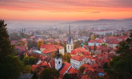 Ljubljana at sunset from Castle Hill, Slovenia.