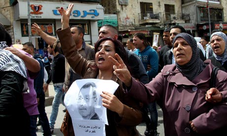 Palestinians protest against the death Maysara Abu Hamdiyeh, in the West Bank city of Nablus.