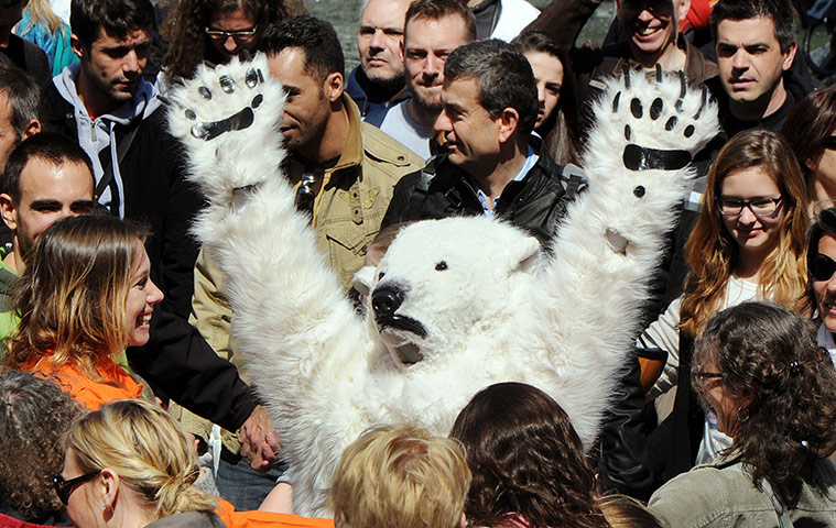 24 hours: A volunteer dressed with a Polar Bear costume takes part in an action by en