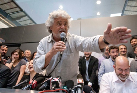 Leader of the 5 Star Movement Beppe Grillo speaks during a press conference in Rome, Sunday, April 21, 2013.