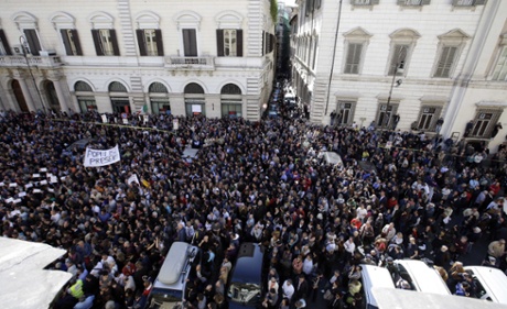 Activists of anti-establishment 5 Star Movement gather to stage a protest in Rome, Sunday, April 21, 2013.