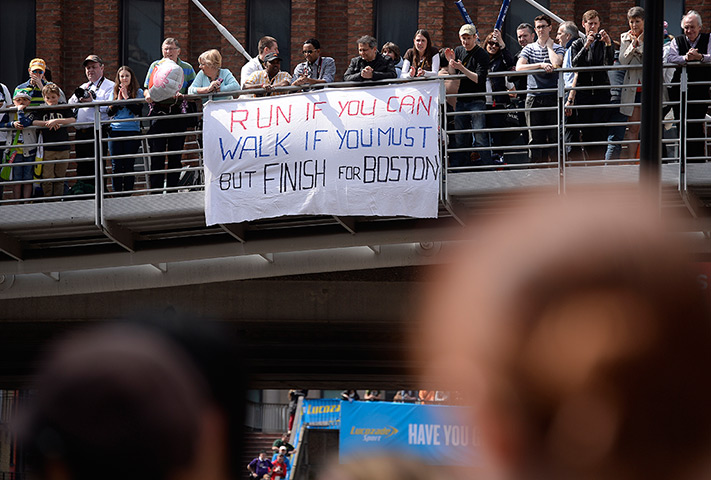 London Marathon: A banner of encouragement hangs on a bridge over Upper Thames Street 