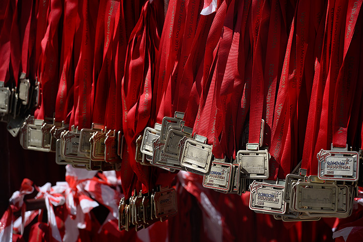 London Marathon: Medals await marathon runners at the finish