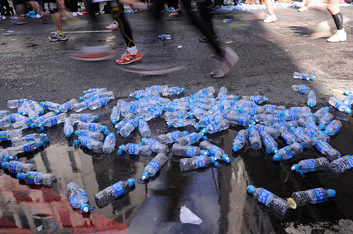 London Marathon: Masses of discarded water bottles 