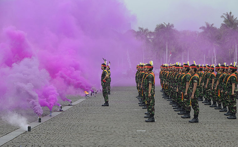 24 hours in pictures: Female members of the Indonesian military attend a roll call