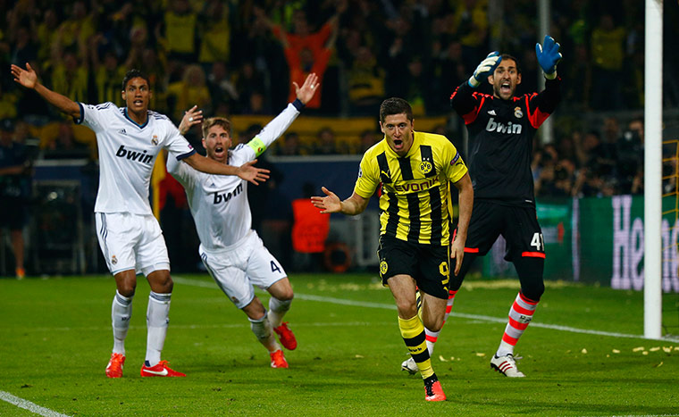 Dort v Real: Borussia Dortmund's Lewandowski celebrates scoring against Real Madrid