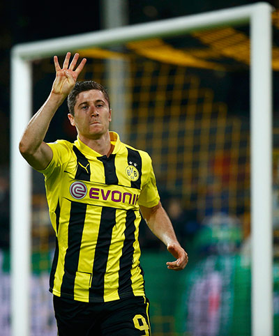 Dortmund v Real 2: Borussia Dortmund's Lewandowski celebrates scoring